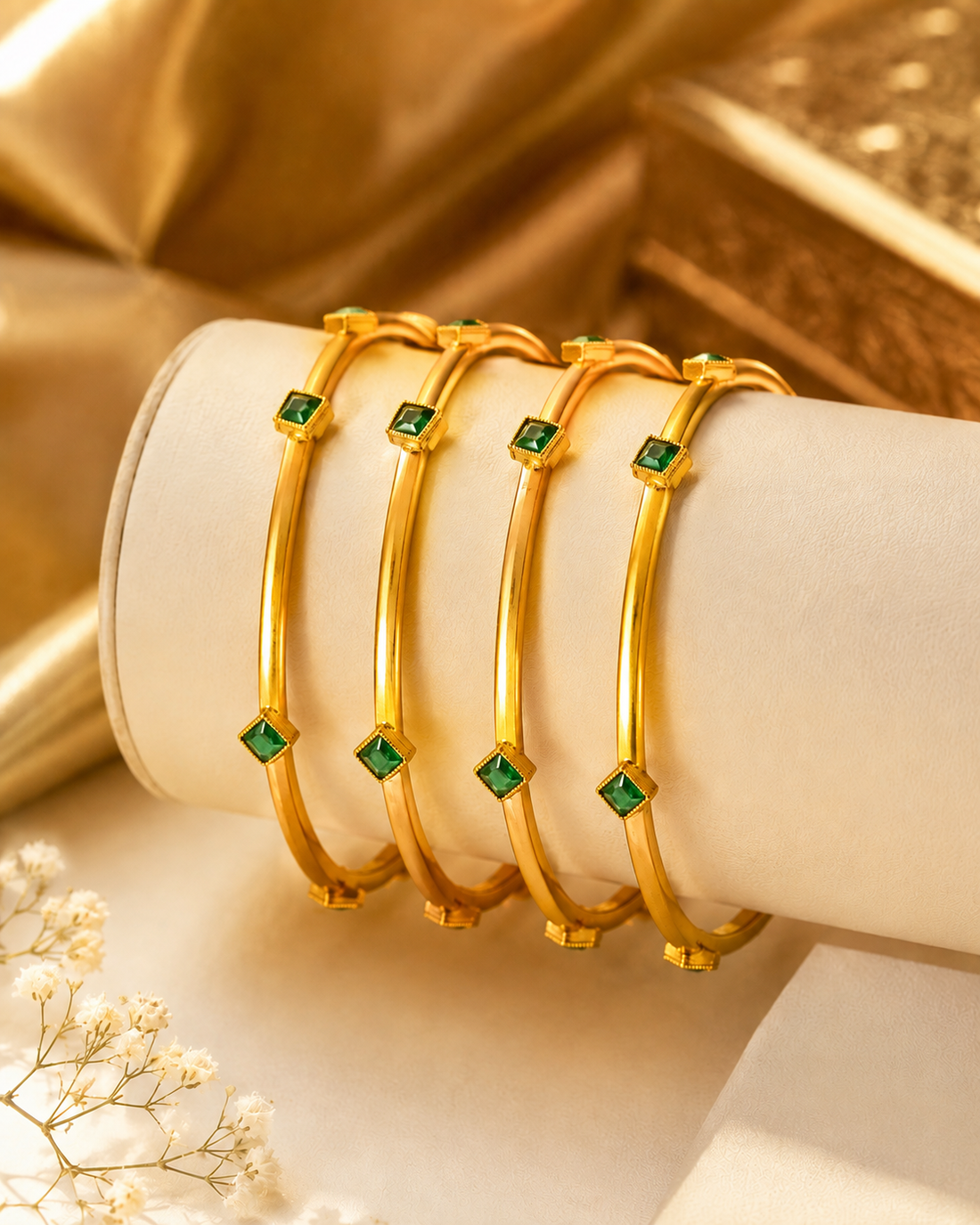 Gold Bangles with Emerald & Ruby Stone Accents Set of 4 | OG35