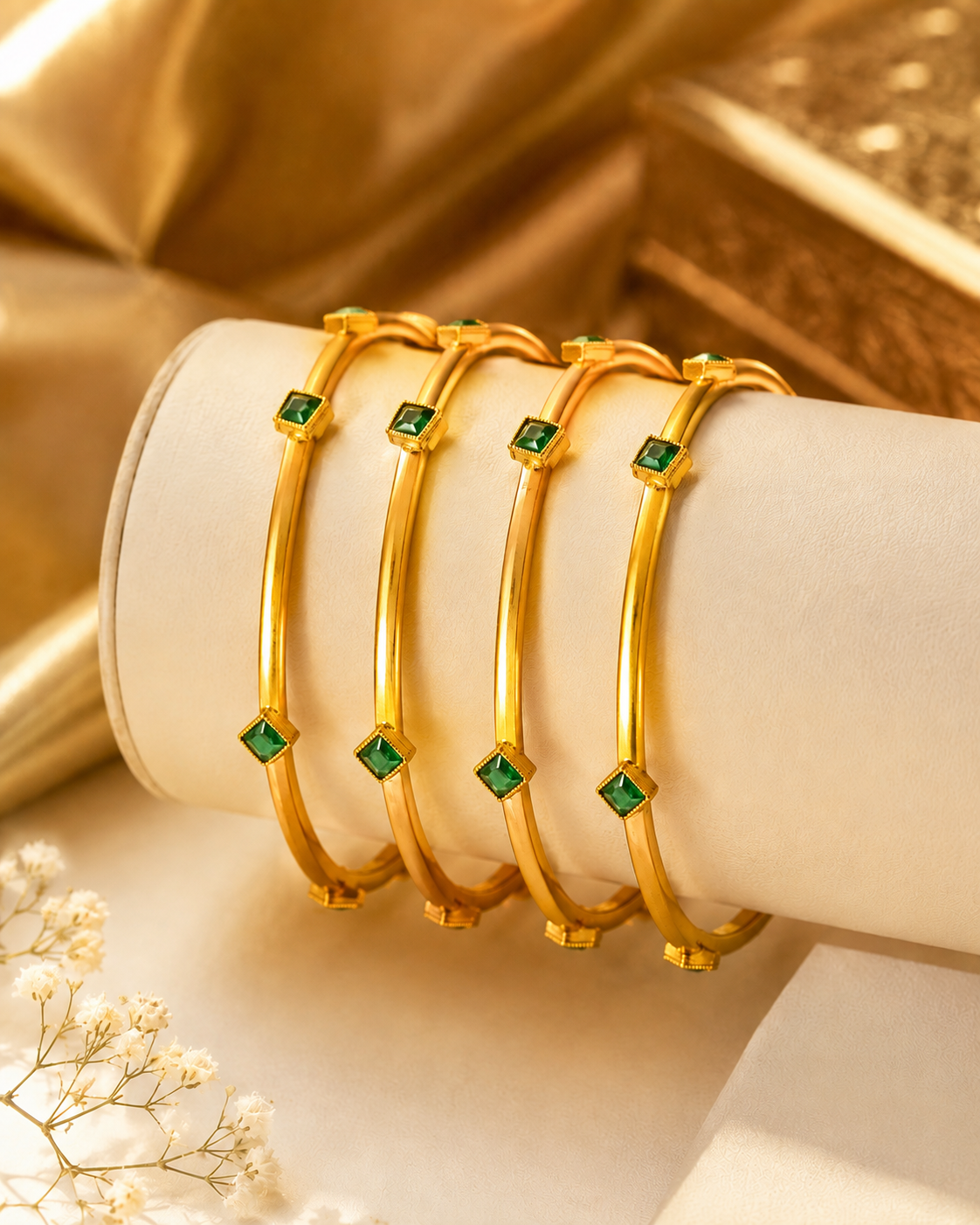 Gold Bangles with Emerald & Ruby Stone Accents Set of 4 | OG35