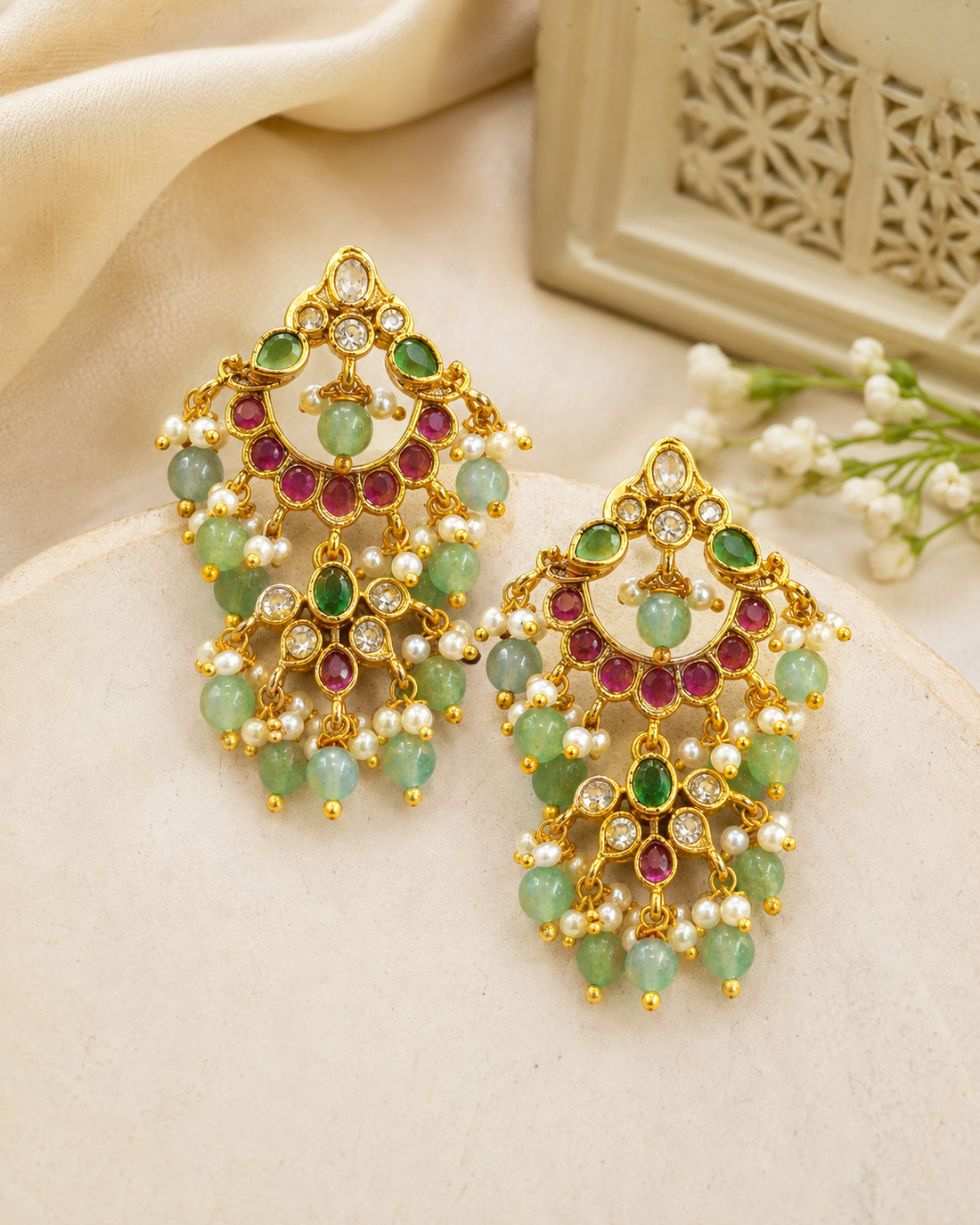 Gold Chandbali Earrings with Emerald Beads & Pearl Drops | OG63