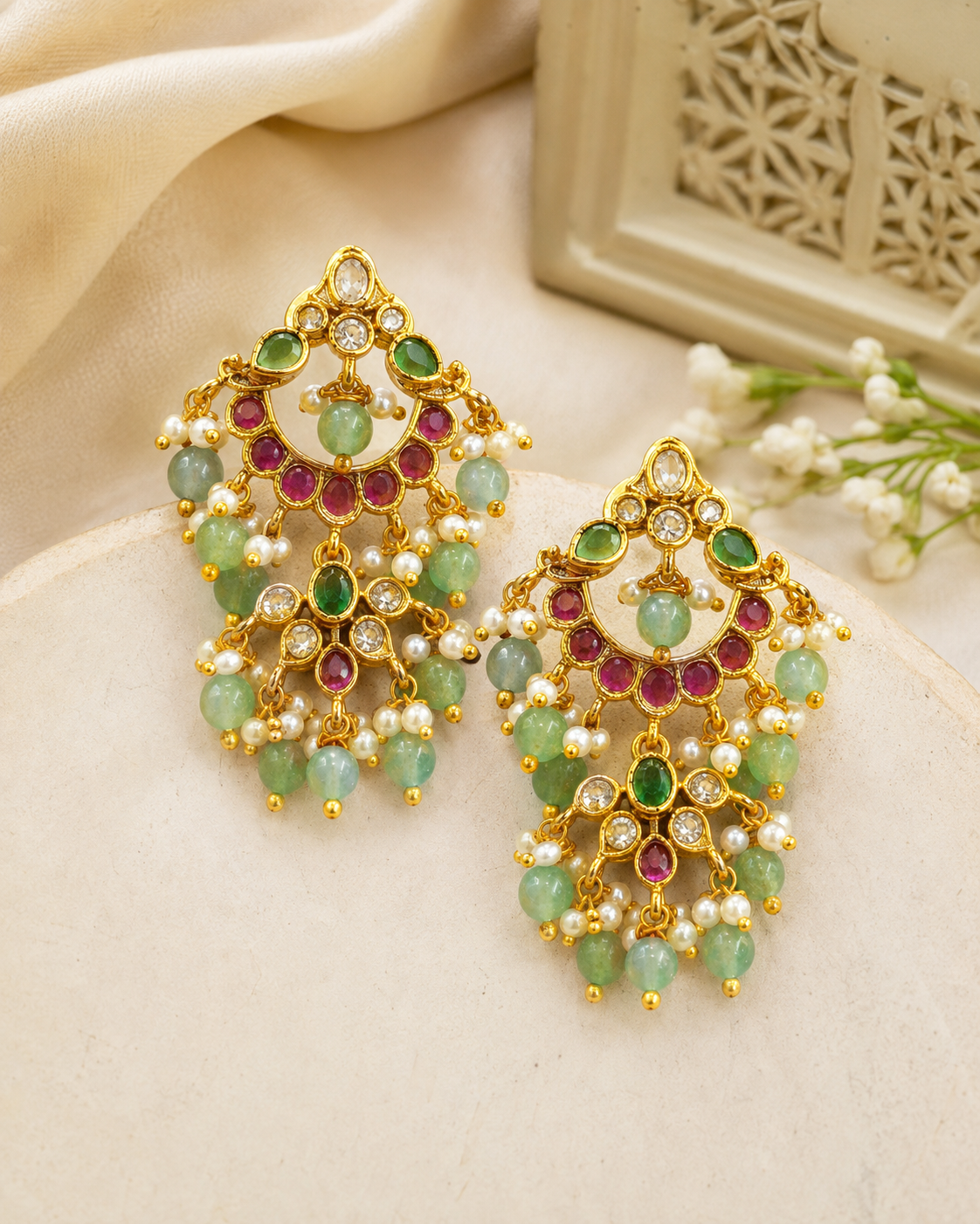Gold Chandbali Earrings with Emerald Beads & Pearl Drops | OG63