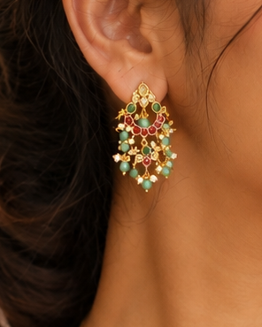 Gold Chandbali Earrings with Emerald Beads & Pearl Drops | OG63