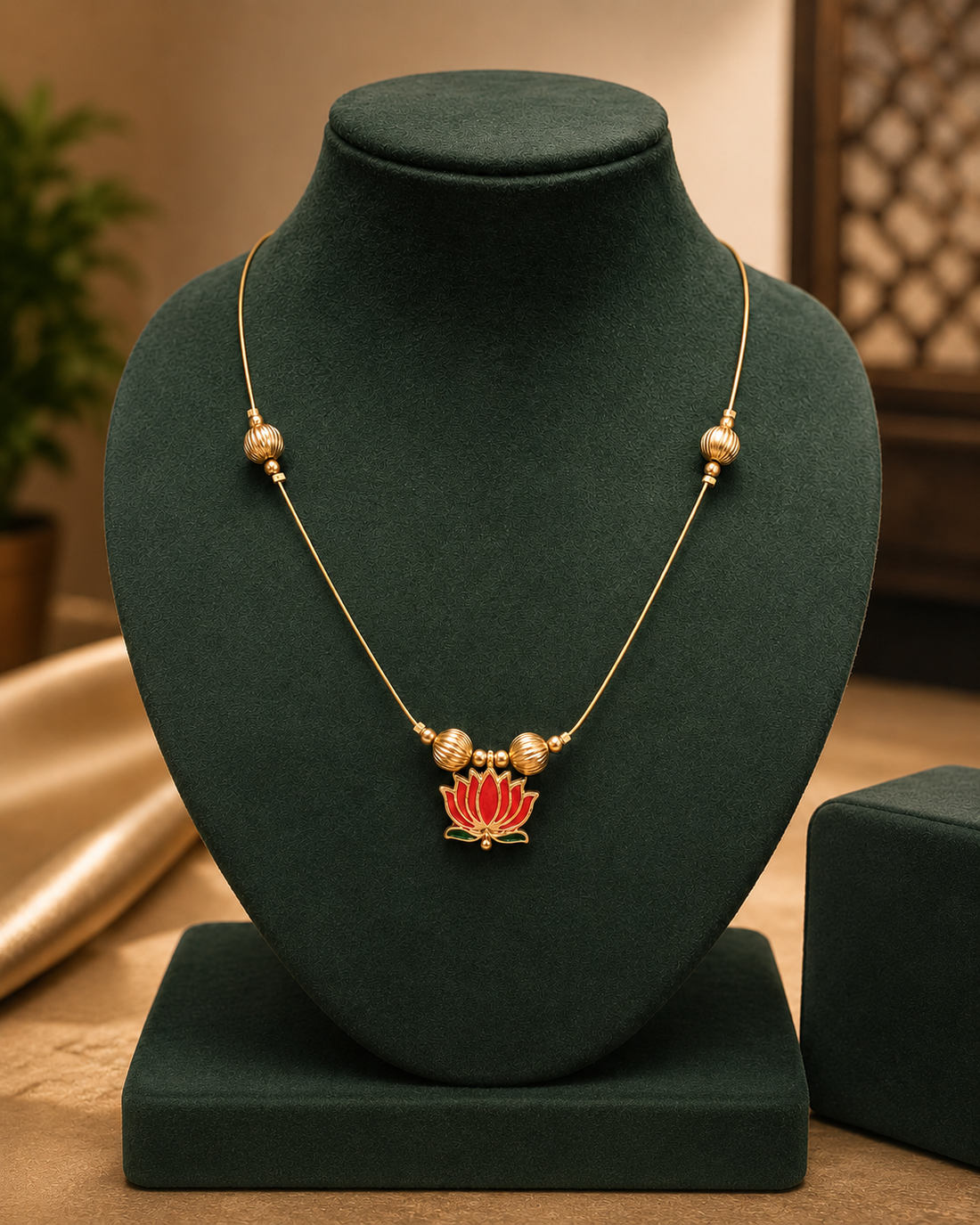Gold Ruby Meenakari Lotus Invisible Necklace with Ribbed Gold Bead Accents | L10374