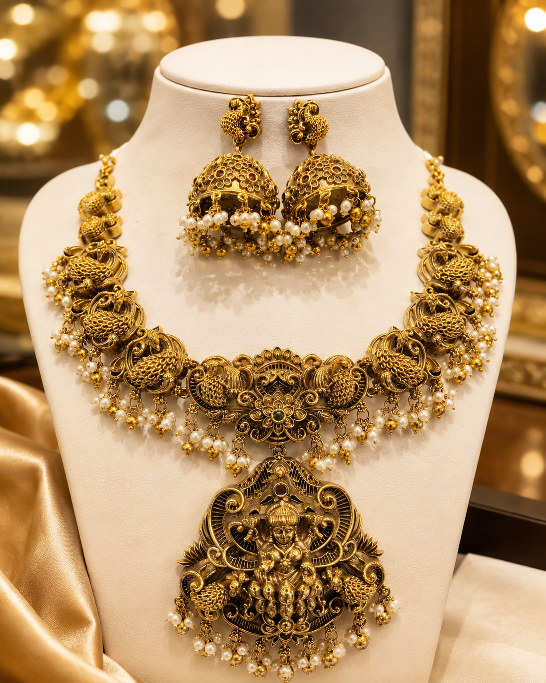 Antique Gold Temple Necklace Set with Jhumka Earrings | L8258