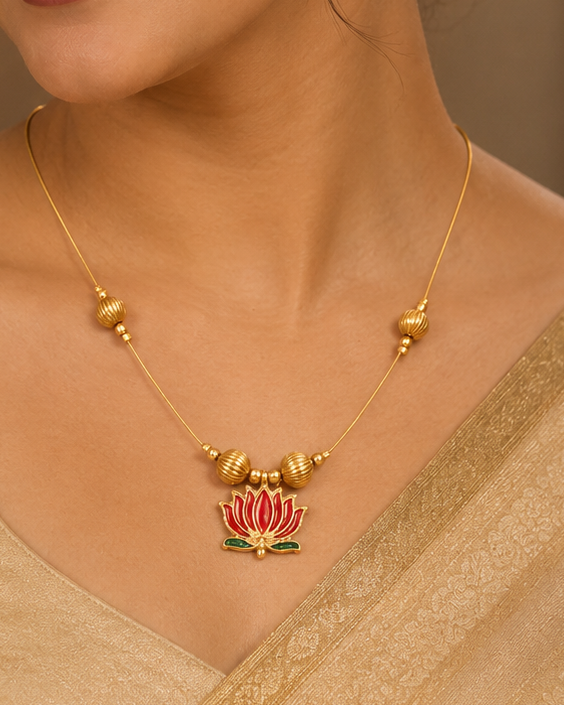 Gold Ruby Meenakari Lotus Invisible Necklace with Ribbed Gold Bead Accents | L10374