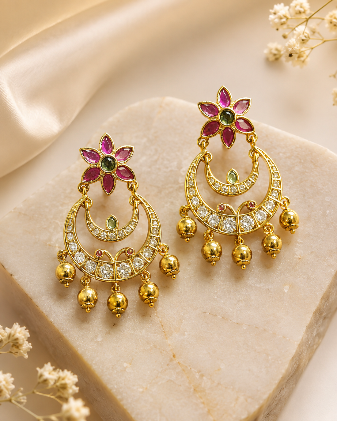 Gold Chandbali Earrings with Ruby Flower Top & CZ Crescent | OG54