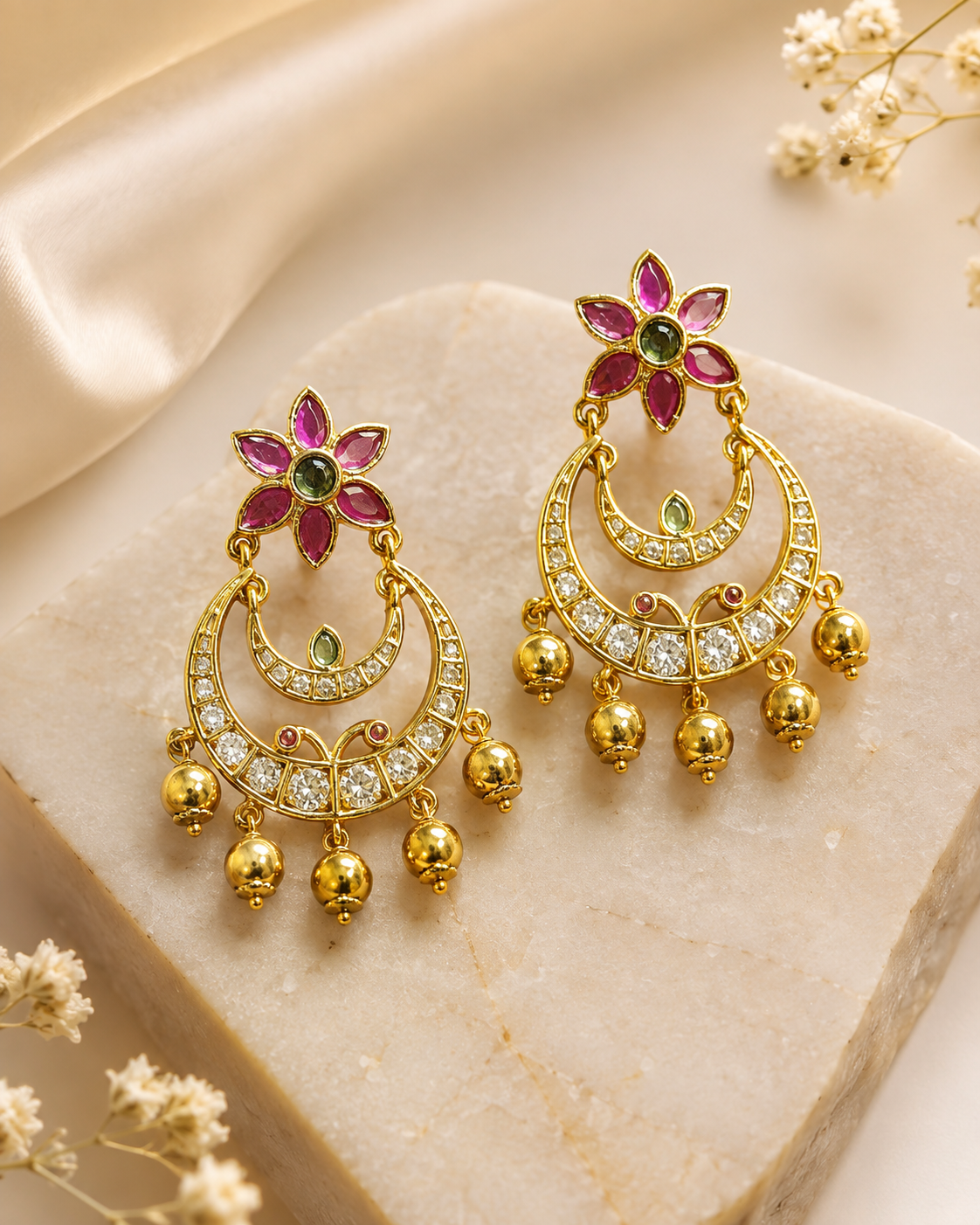 Gold Chandbali Earrings with Ruby Flower Top & CZ Crescent | OG54