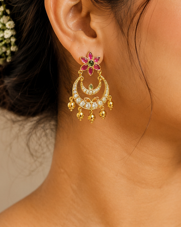 Gold Chandbali Earrings with Ruby Flower Top & CZ Crescent | OG54