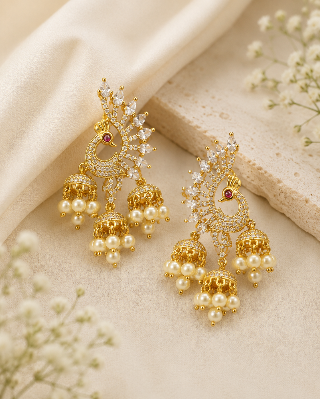 Gold CZ Peacock Jhumka Earrings with Triple Bell Drops & Pearls | OG55