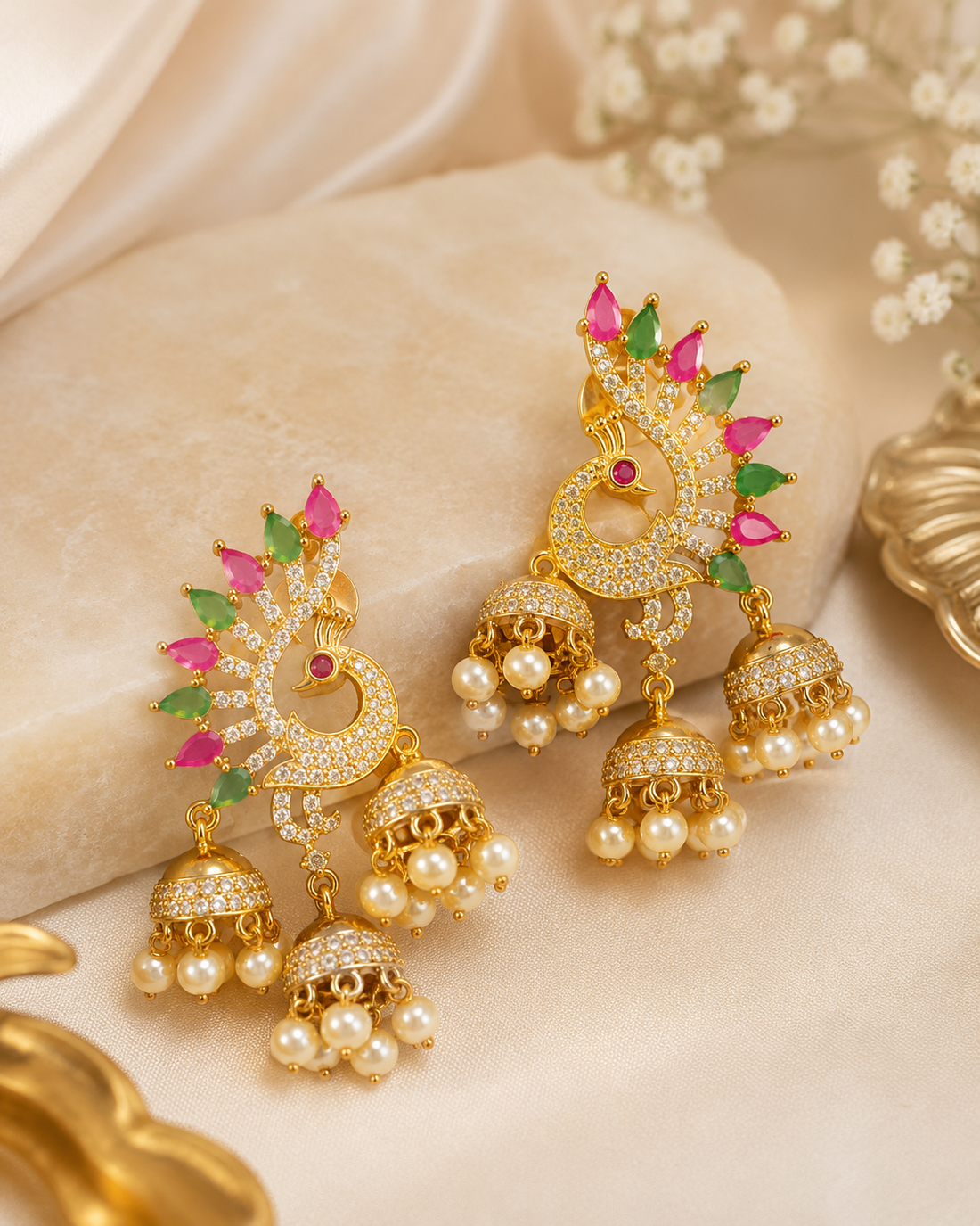 Gold CZ Peacock Jhumka Earrings with Triple Bell Drops & Pearls | OG55