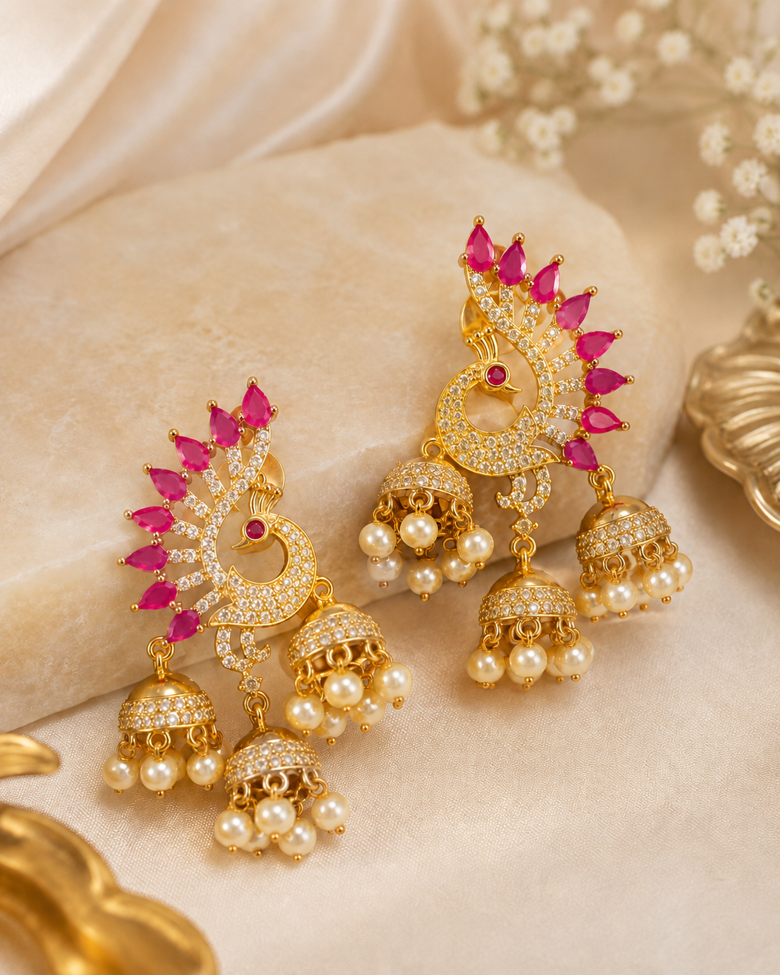 Gold CZ Peacock Jhumka Earrings with Triple Bell Drops & Pearls | OG55
