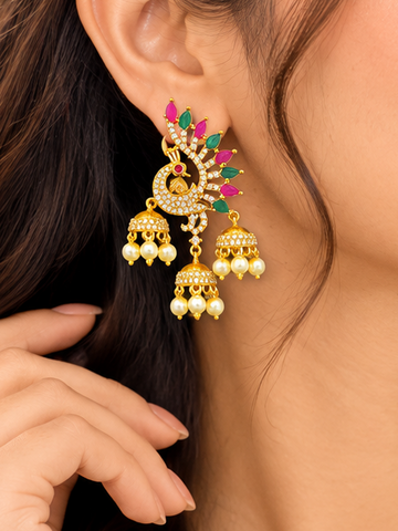 Gold CZ Peacock Jhumka Earrings with Triple Bell Drops & Pearls | OG55
