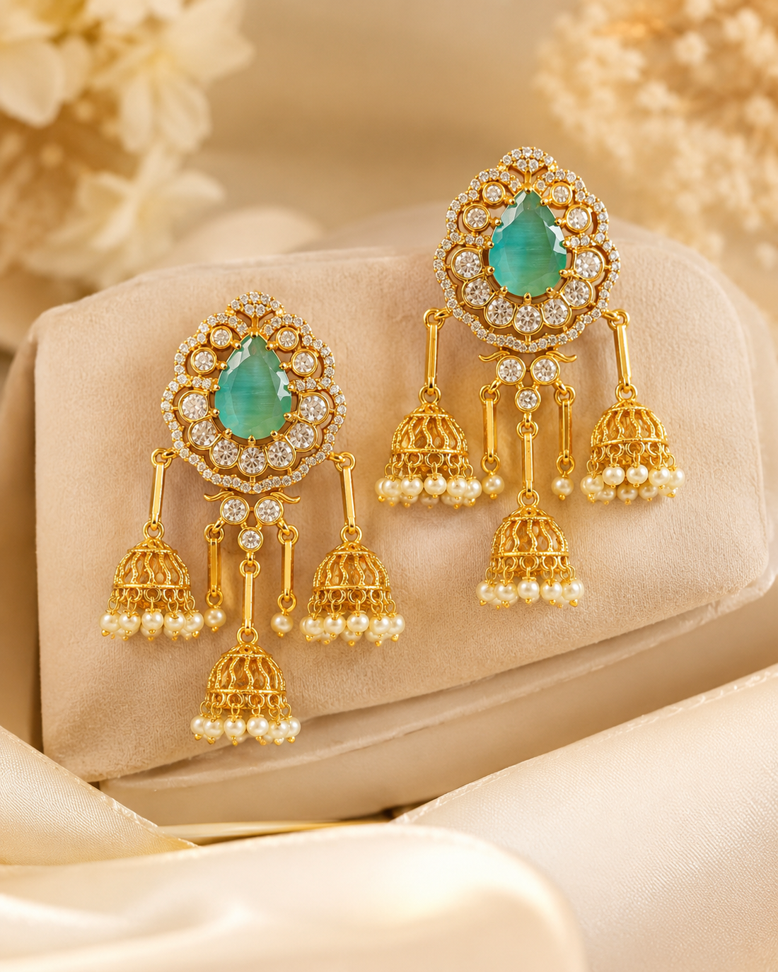 Gold Triple Jhumka Earrings with Aqua Green Stone & CZ Halo | OG62