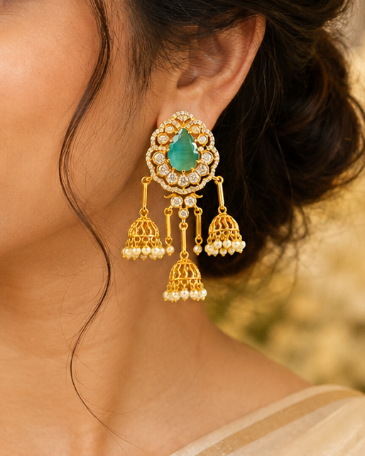 Gold Triple Jhumka Earrings with Aqua Green Stone & CZ Halo | OG62