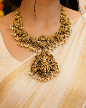 Antique Gold Temple Necklace Set with Jhumka Earrings | L8258