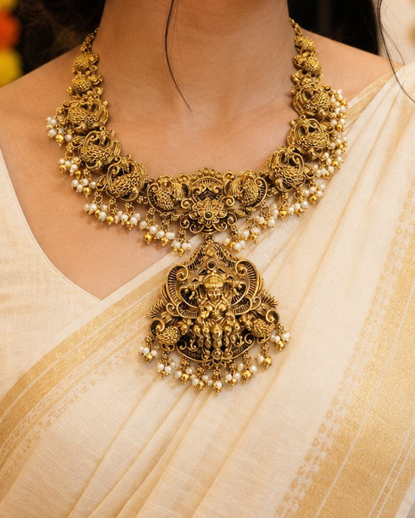 Antique Gold Temple Necklace Set with Jhumka Earrings | L8258