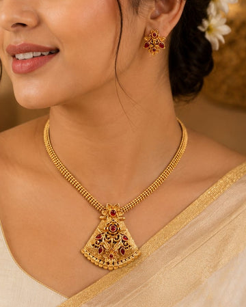 Gold Red Meenakari Lotus Pendant Necklace with Ribbed Gold Bead Accents | L14725