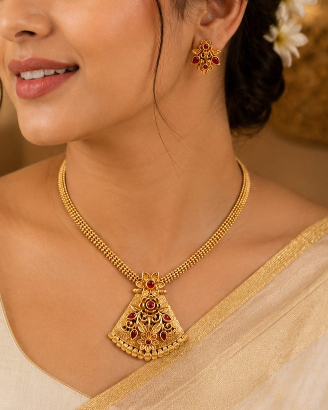 Gold Red Meenakari Lotus Pendant Necklace with Ribbed Gold Bead Accents | L14725