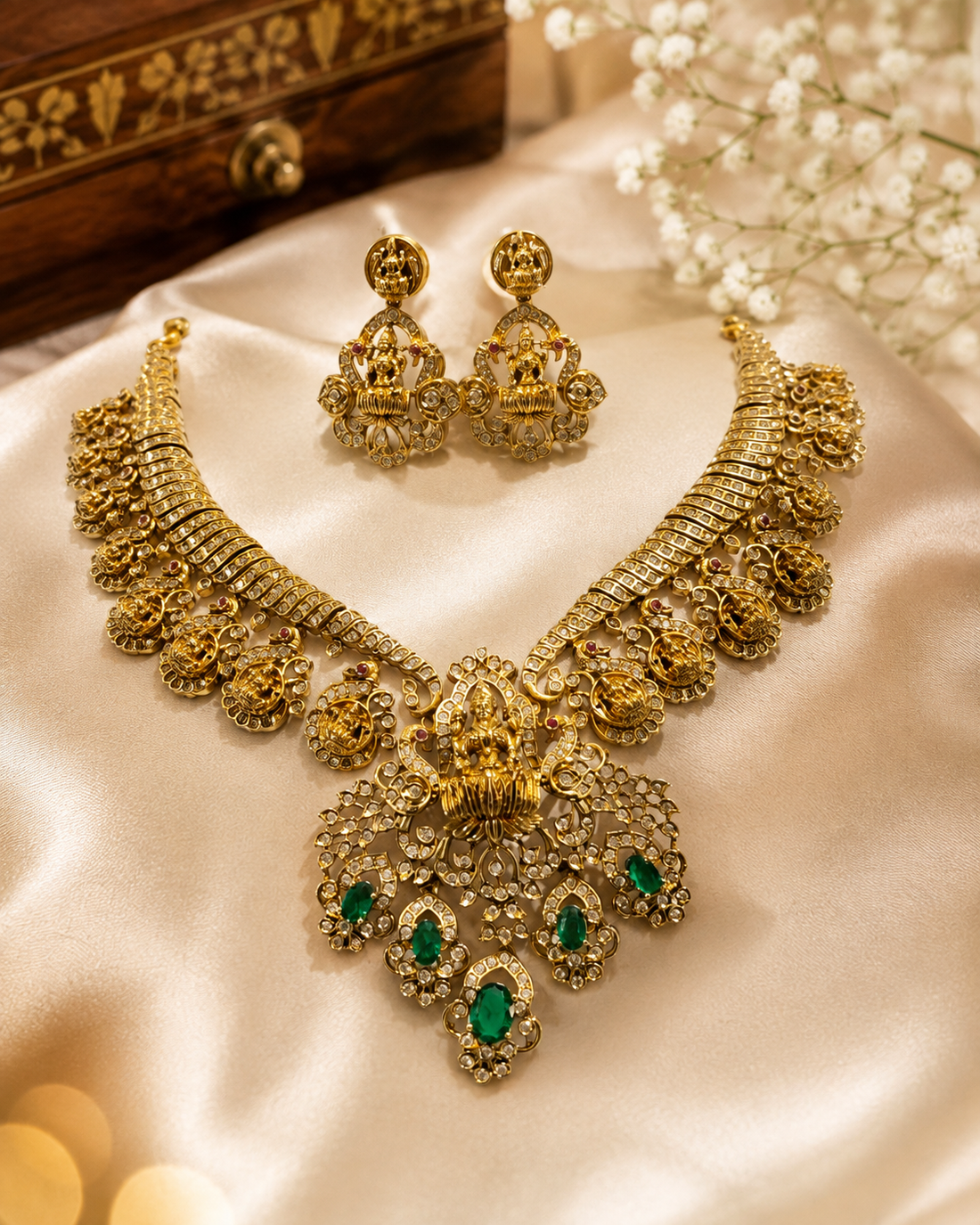 Antique Gold Lakshmi Temple Necklace Set with Emerald Stones | LV630