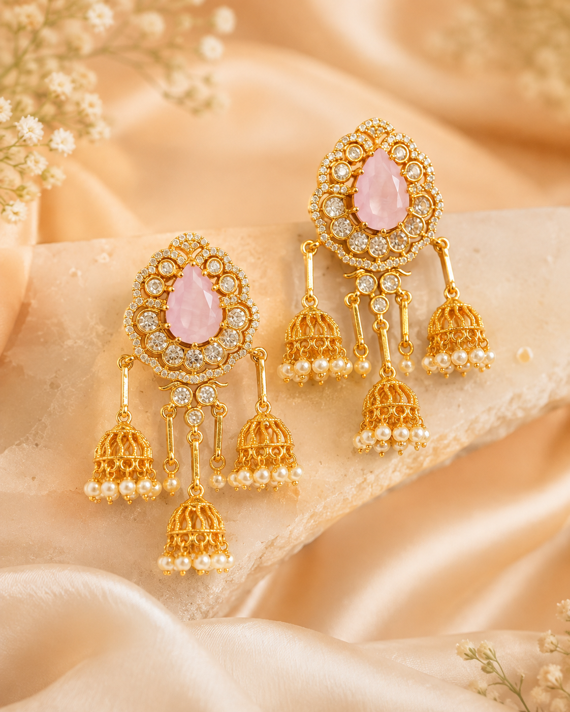 Gold Triple Jhumka Earrings with Aqua Green Stone & CZ Halo | OG62