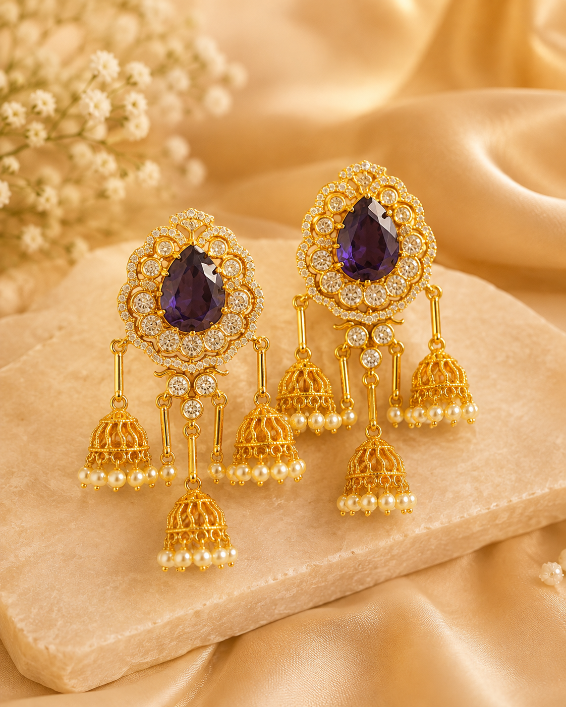 Gold Triple Jhumka Earrings with Aqua Green Stone & CZ Halo | OG62