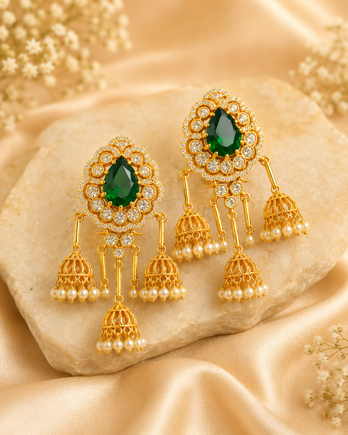 Gold Triple Jhumka Earrings with Aqua Green Stone & CZ Halo | OG62