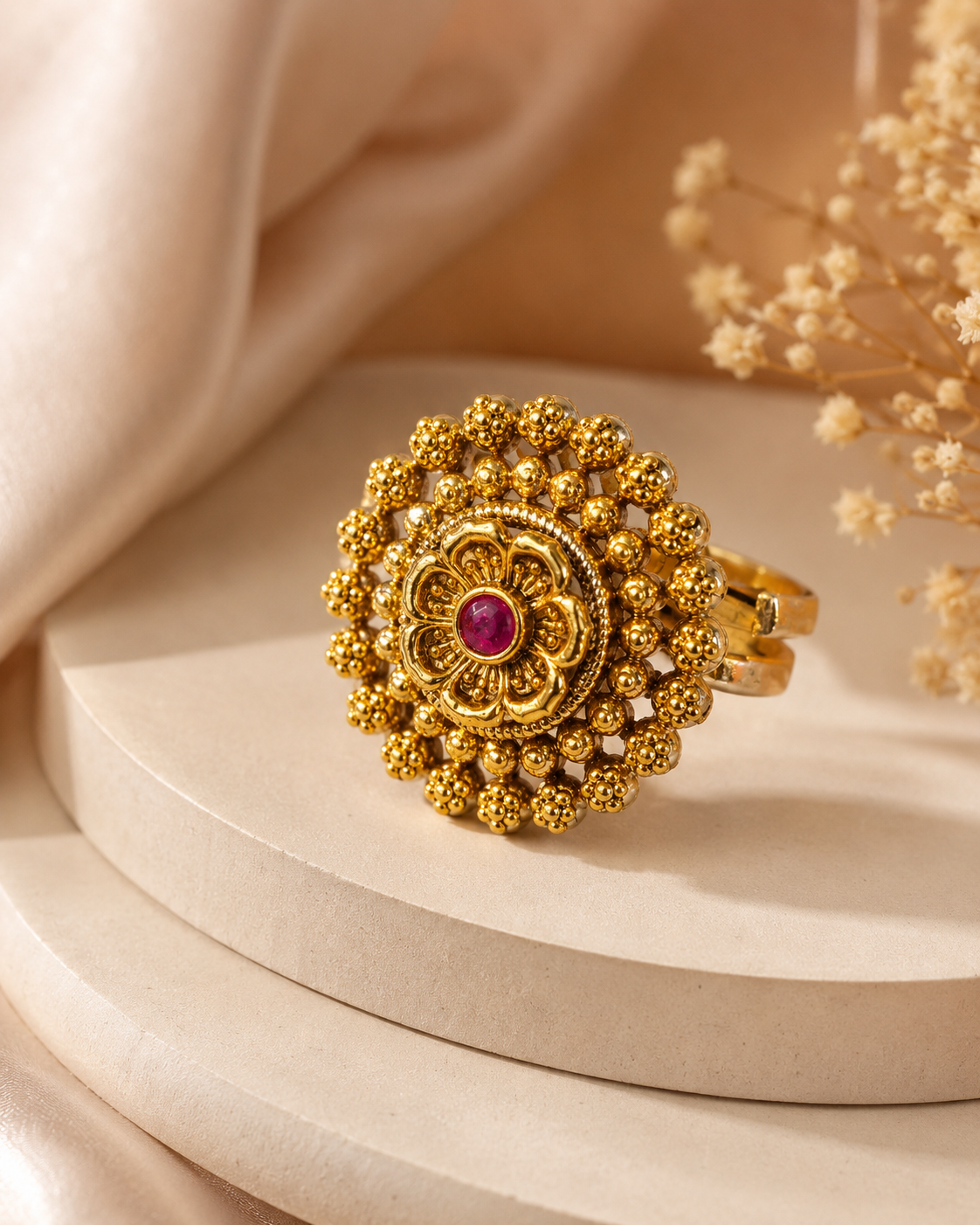 Antique Gold Floral Statement Ring with Green Centre | Adjustable | OG65
