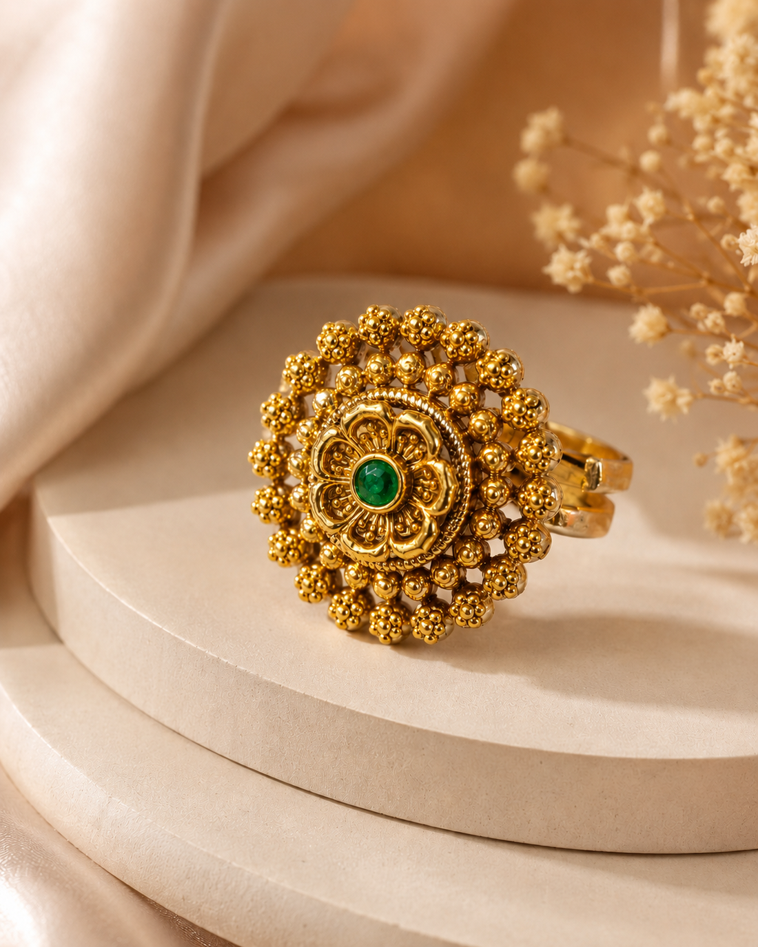 Antique Gold Floral Statement Ring with Green Centre | Adjustable | OG65