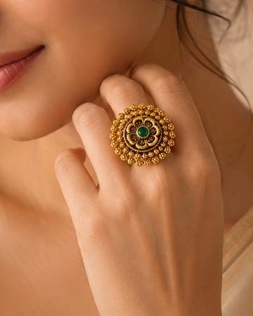 Antique Gold Floral Statement Ring with Green Centre | Adjustable | OG65