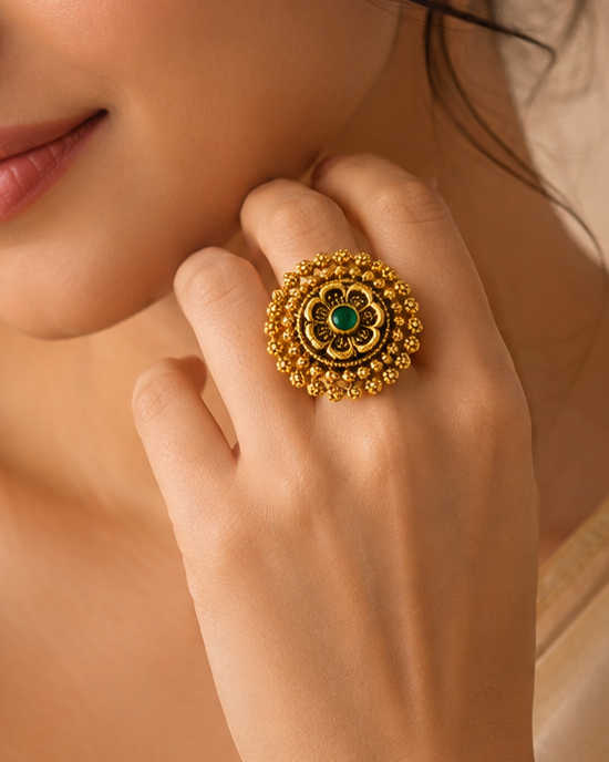 Antique Gold Floral Statement Ring with Green Centre | Adjustable | OG65