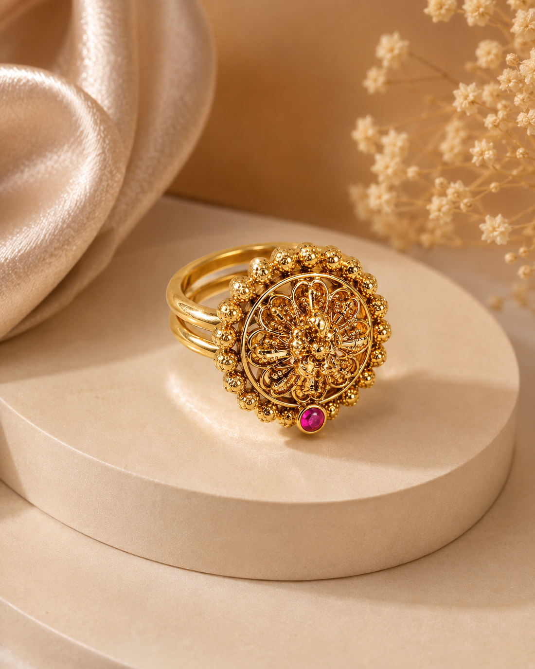 Antique Gold Filigree Floral Ring with Ruby Accent & | Adjustabl | OG66