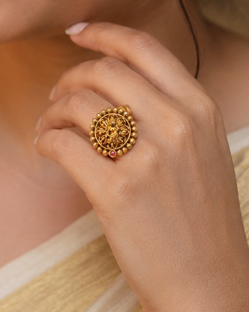 Antique Gold Filigree Floral Ring with Ruby Accent & | Adjustabl | OG66