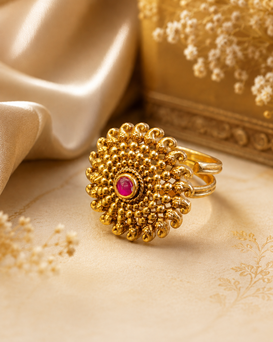 Antique Gold Sunflower Statement Ring with Ruby Centre & Scroll Work | OG64