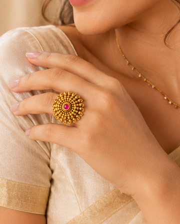 Antique Gold Sunflower Statement Ring with Ruby Centre & Scroll Work | OG64