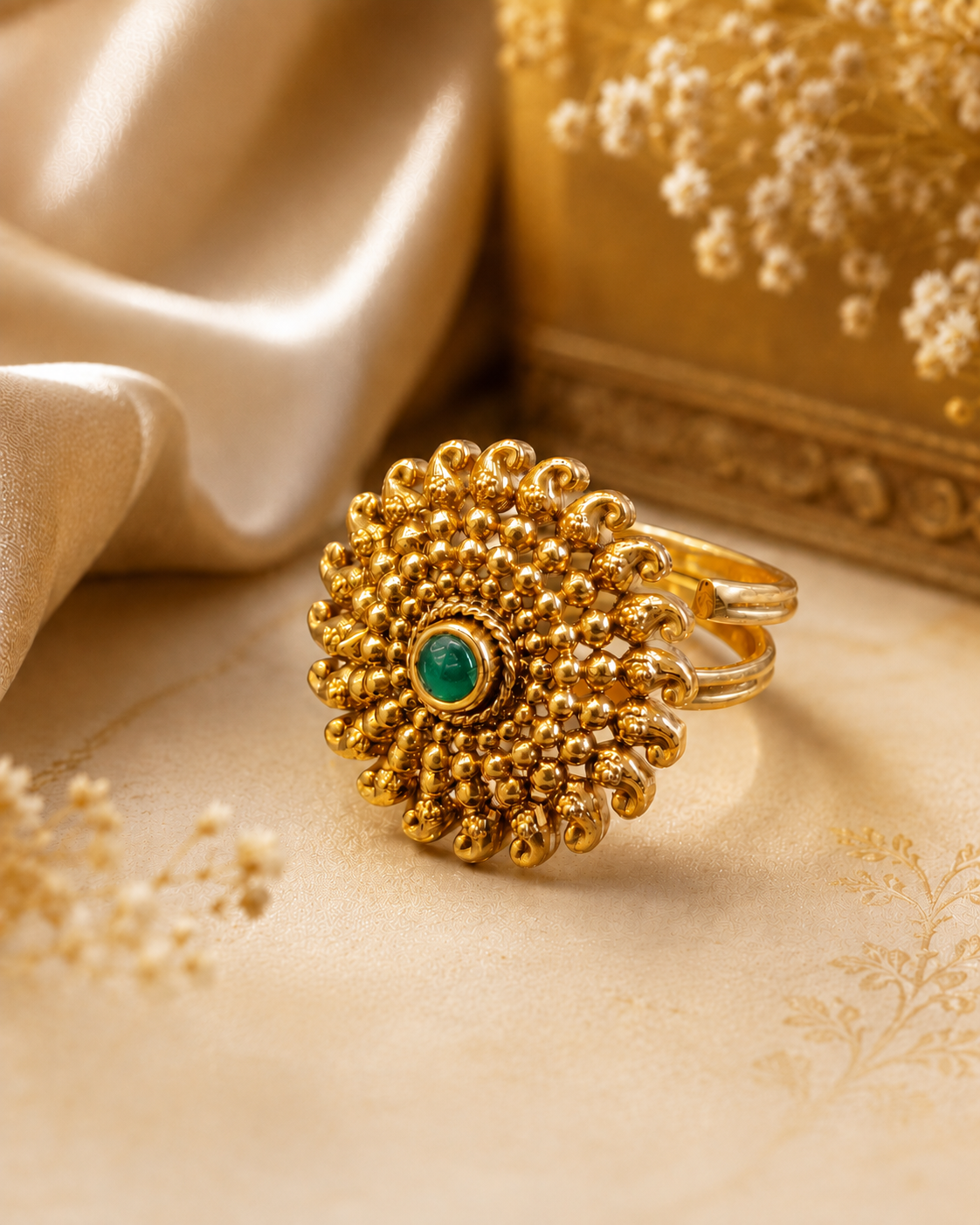 Antique Gold Sunflower Statement Ring with Ruby Centre & Scroll Work | OG64
