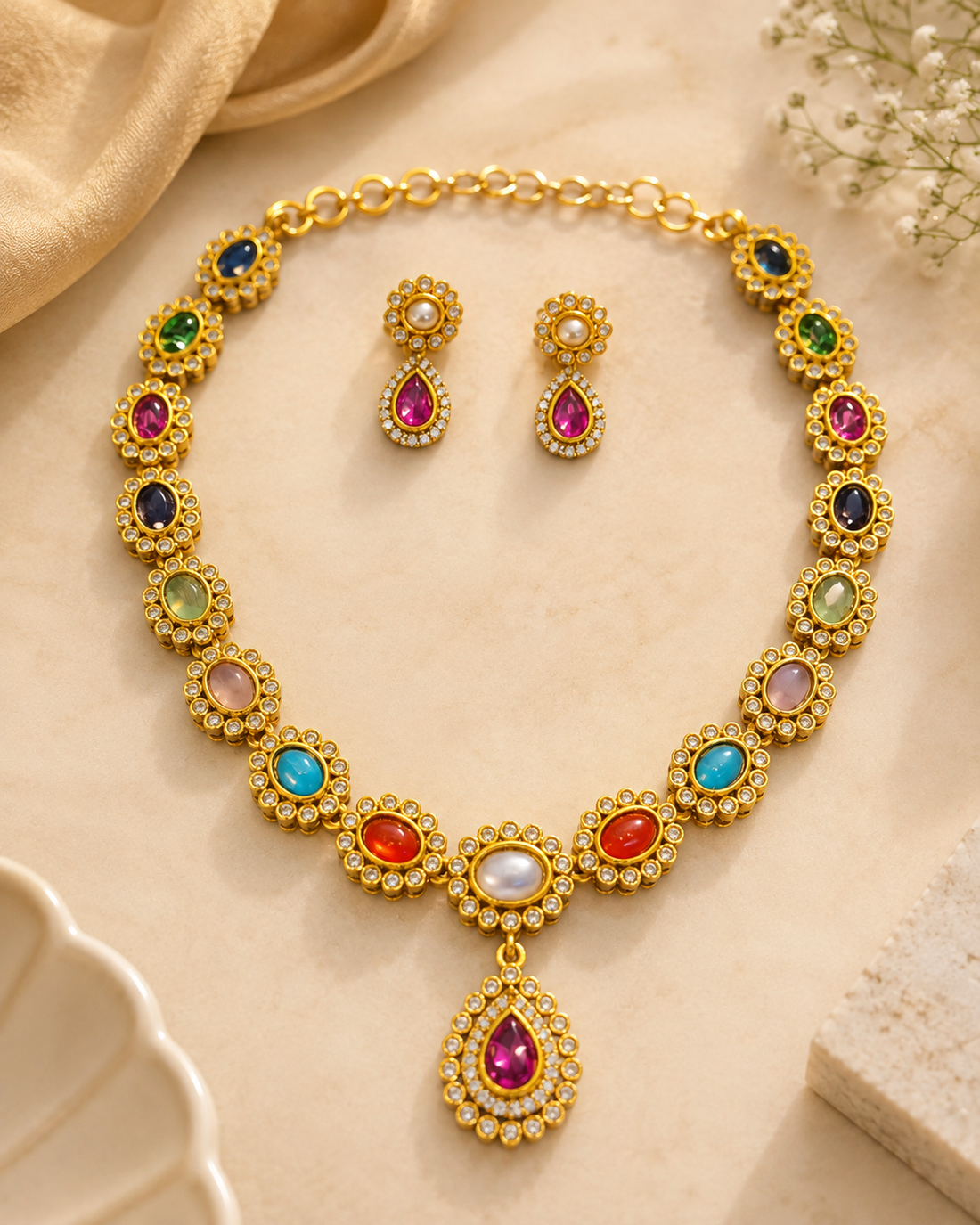 Gold Multi-Stone Necklace Set with CZ Halo & Ruby Pendant | OG26