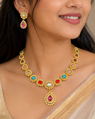 Gold Multi-Stone Necklace Set with CZ Halo & Ruby Pendant | OG26