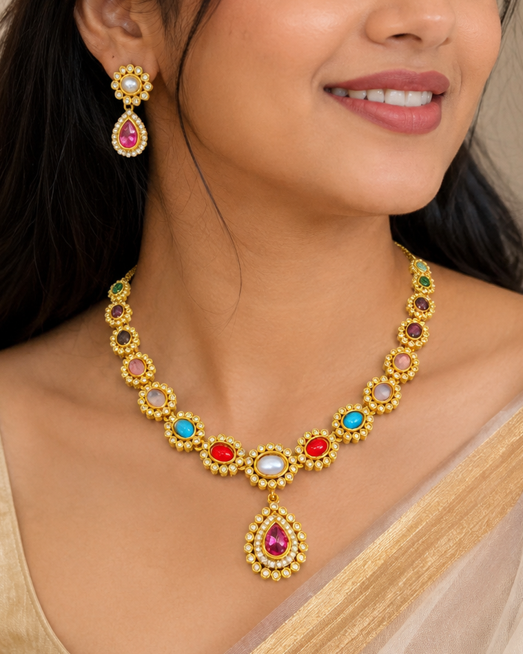 Gold Multi-Stone Necklace Set with CZ Halo & Ruby Pendant | OG26