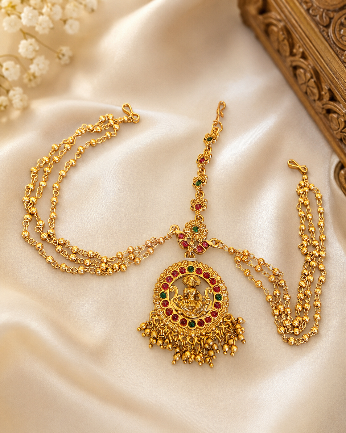 Antique Gold Lakshmi Maang Tikka with Kemp Stones & Ghungroo Drops | OG46