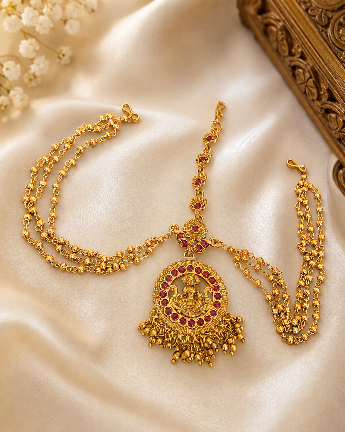 Antique Gold Lakshmi Maang Tikka with Kemp Stones & Ghungroo Drops | OG46