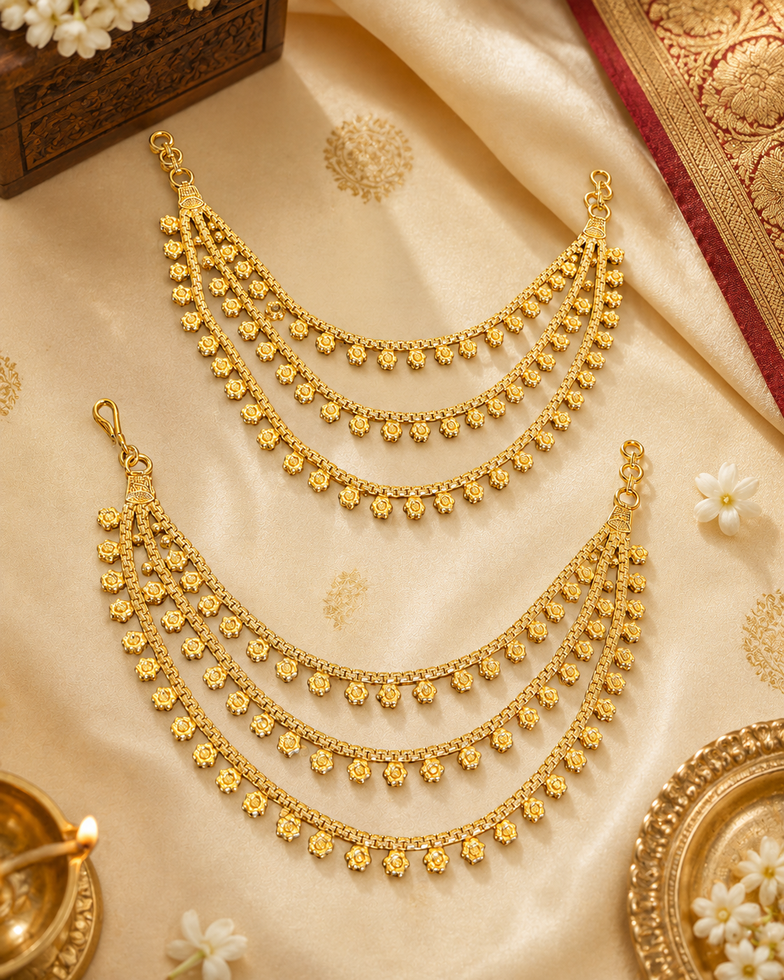 Gold Multi-Strand Floral Disc ear chain with Box Chain | OG43