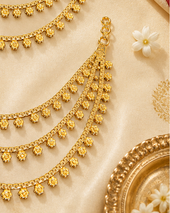 Gold Multi-Strand Floral Disc ear chain with Box Chain | OG43