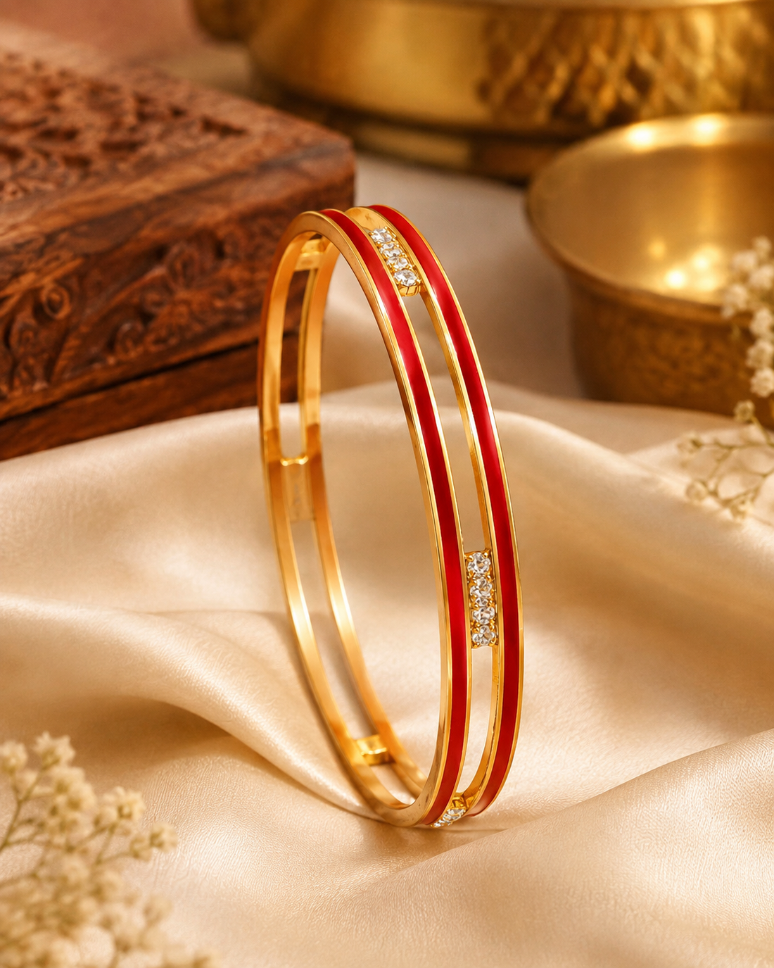 Gold Bangle with Red Enamel Stripe & CZ Accent Bars | L411