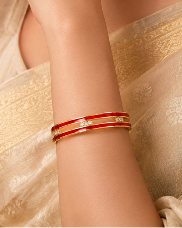 Gold Bangle with Red Enamel Stripe & CZ Accent Bars | L411