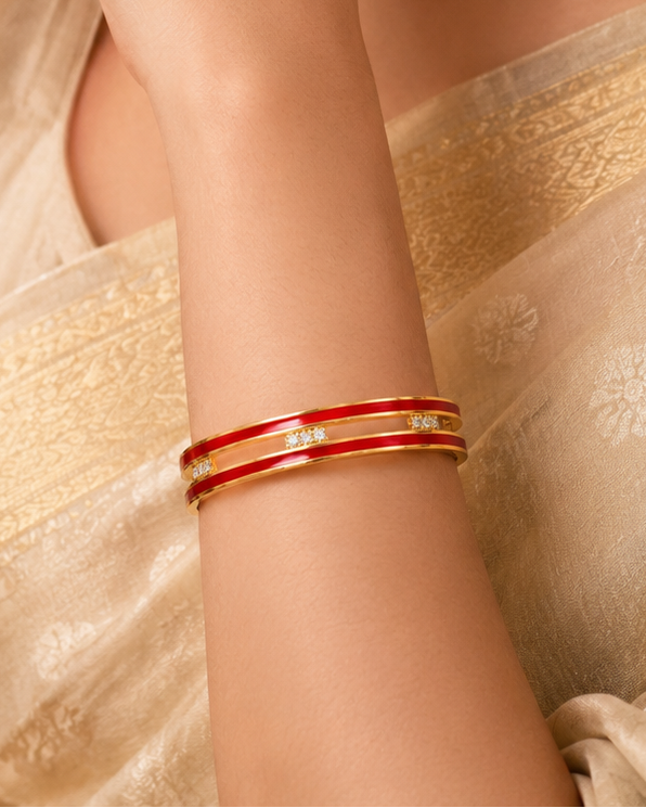 Gold Bangle with Red Enamel Stripe & CZ Accent Bars | L411