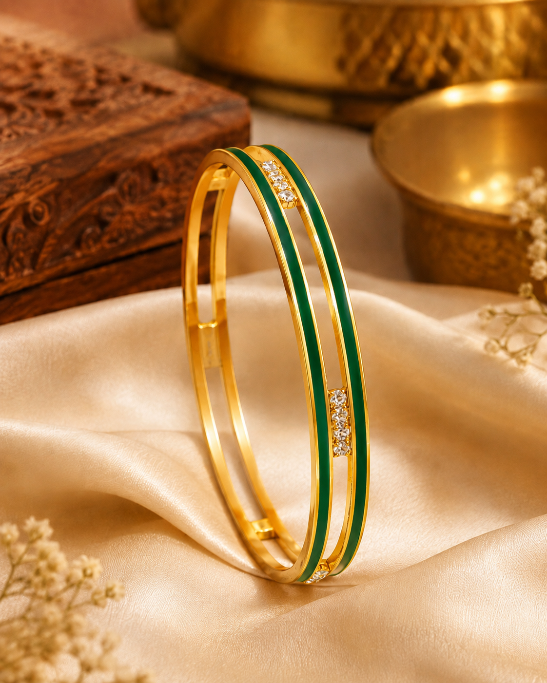 Gold Bangle with Red Enamel Stripe & CZ Accent Bars | L411