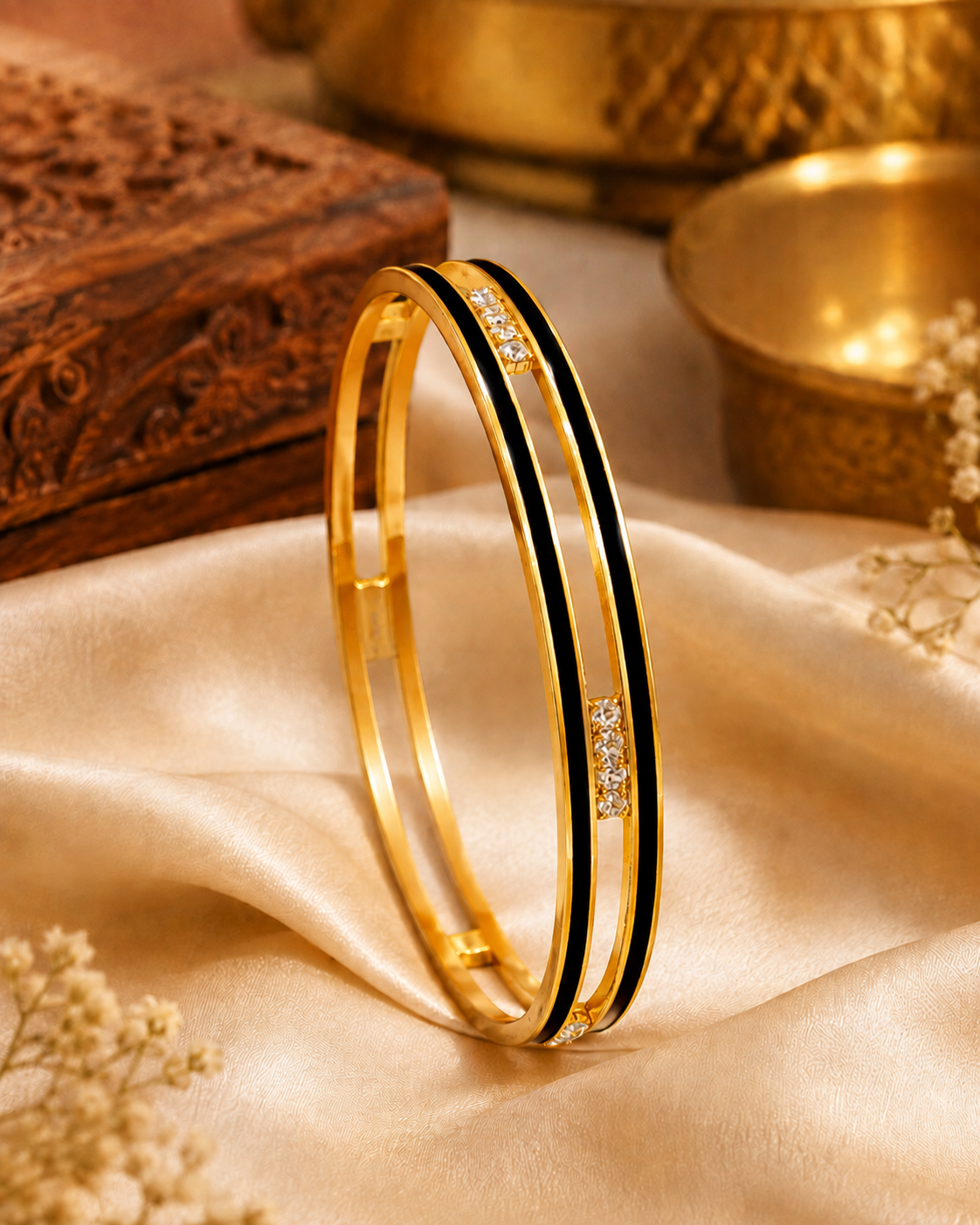 Gold Bangle with Red Enamel Stripe & CZ Accent Bars | L411