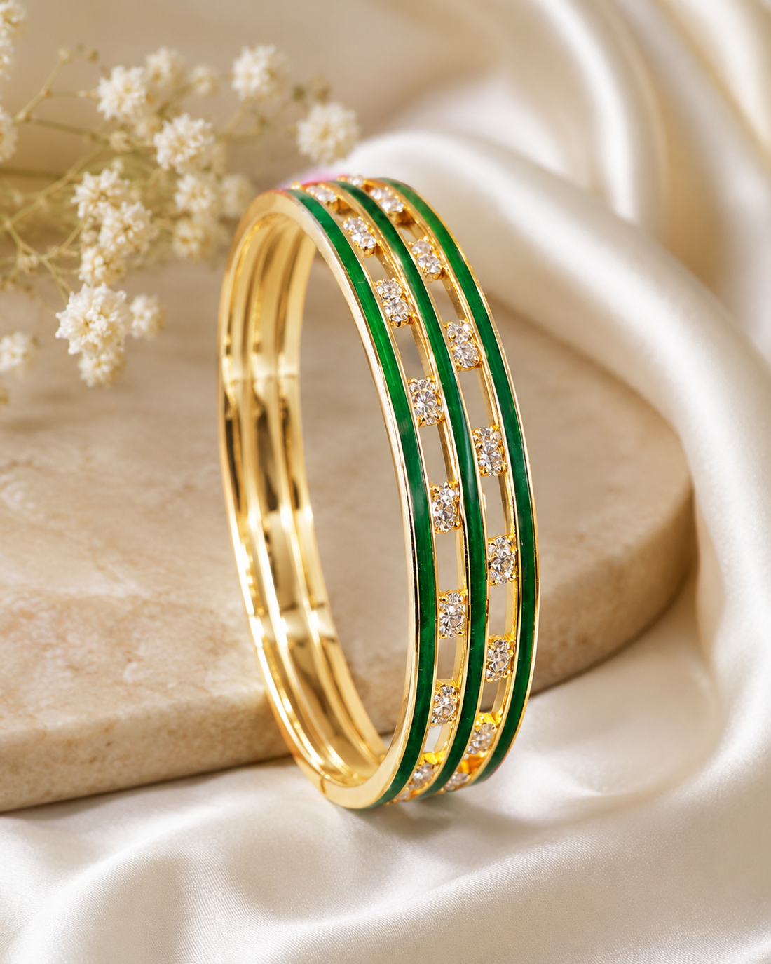 Gold Bangle with Green Enamel Double Stripe & CZ Stone | L410
