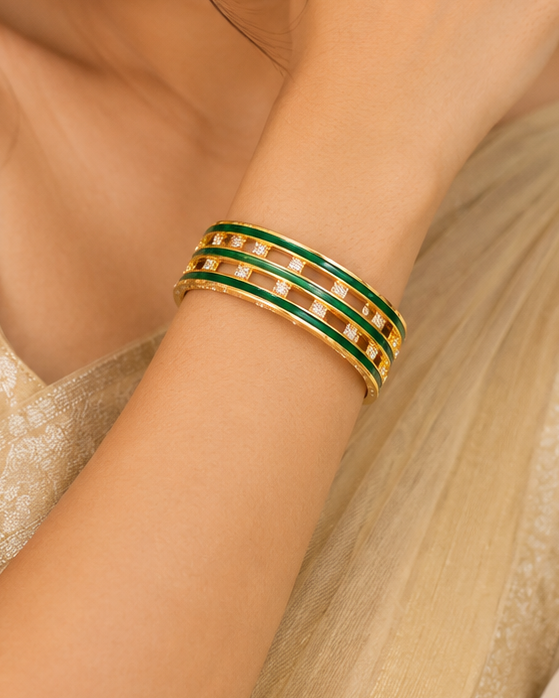 Gold Bangle with Green Enamel Double Stripe & CZ Stone | L410
