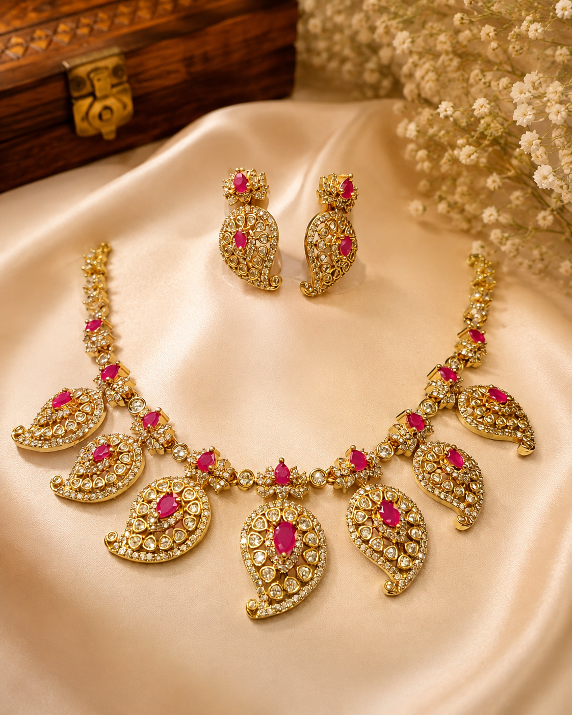 Antique Gold Ruby CZ Paisley Necklace Set with Earrings | THV204
