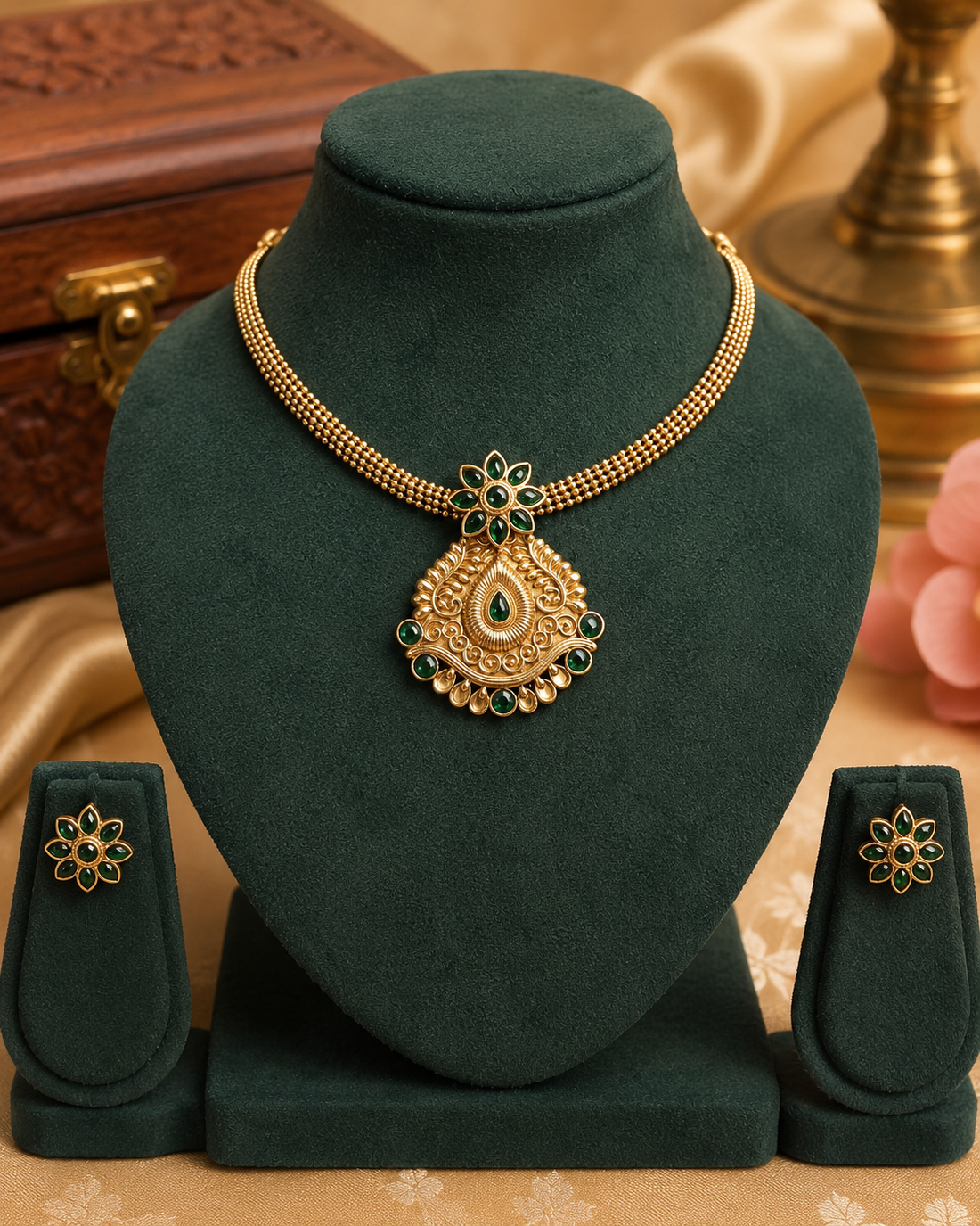 Antique Gold Emerald Pendant Necklace Set | L14725